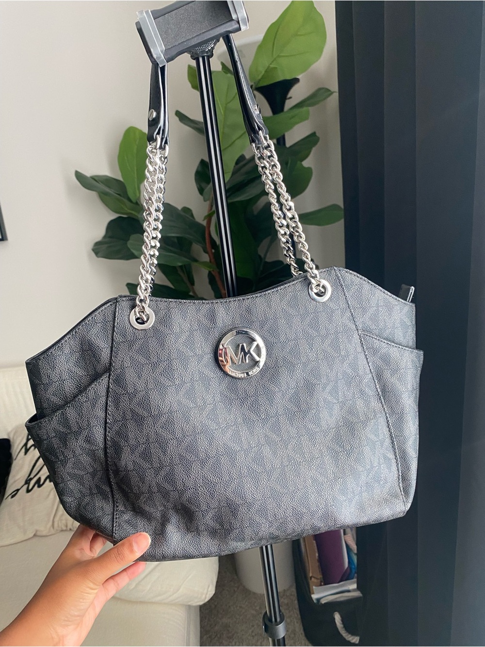 Michael Kors Gray Monogram Chain-Handle Tote